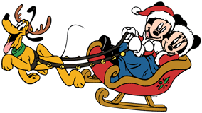 Mickey and Minnie Mouse in a sleigh guided by Pluto