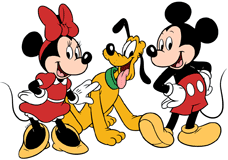 Mickey and Minnie Mouse and Pluto posing with smiles