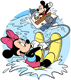 Minnie Mouse water skiing with Mickey driving the boat