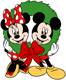 Mickey, Minnie posing with Christmas wreath