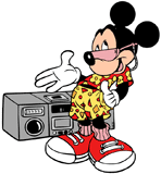 Mickey Mouse listening to music on the radio in the 80s