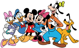 Mickey Mouse with his friends standing next to each other