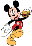 Mickey Mouse with a burger in his hand