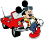 Mickey Mouse leaning against his car