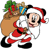Santa Claus Mickey Mouse carrying a bag of presents
