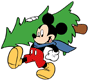 Mickey Mouse carrying a Christmas tree