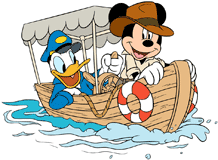Mickey Mouse and Donald Duck on a jungle cruise boat