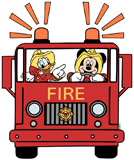 Mickey Mouse driving a firetruck with Donald Duck