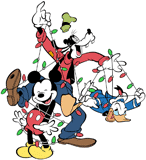 Mickey Mouse, Donald Duck and Goofy caught in Christmas lights