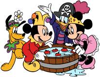 Mickey Mouse and his friends bobbing for apples on Halloween