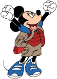 Mickey Mouse stretching in hiking gear