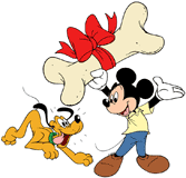 Mickey Mouse giving Pluto a giant bone with a red bow
