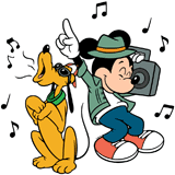 Mickey Mouse and Pluto listening to music