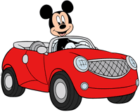 Mickey Mouse driving a red car