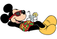 Mickey Mouse relaxing with a cold drink