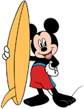 Mickey Mouse standing with his arm around his surfboard