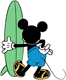 Mickey Mouse holding his surfboard