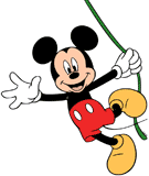 Mickey Mouse swinging from a vine or rope