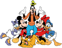 Mickey Mouse with his friends, Goofy center shrugging his shoulders