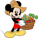 Farmer Mickey Mouse carrying a basket of vegetables