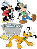 Mickey and Minnie getting ready to give Figaro and Pluto a bath