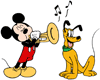 Mickey playing the trumpet to Pluto