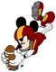 Mickey Mouse diving for a football
