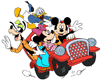Mickey, Minnie, Donald, Goofy in car