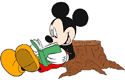 Mickey Mouse reading a book against a tree trunk