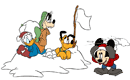 Mickey, Goofy, Donald, Pluto snowball fight