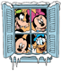 Mickey, Minnie, Donald, Goofy in frosted window