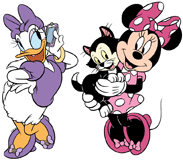 Minnie Mouse, Daisy Duck on her phone and Figaro