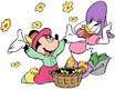 Minnie Mouse and Daisy Duck throwing flowers into the air from a basket