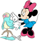 Minnie Mouse pinning a dress on a mannequin