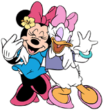 Minnie Mouse wearing a flower in her hair, and Daisy Duck laughing