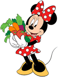 Minnie Mouse holding carrots, tomatoes and other garden vegetables in her arms
