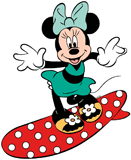 Minnie Mouse surfing on a red polka dot surfboard