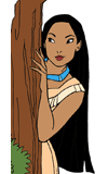 Pocahontas hiding behind a tree