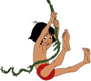 Mowgli swinging from a vine