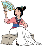 Mulan sitting on a bench, holding a fan