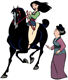 Mulan riding Khan with her mother nearby