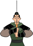 Mulan holding her sword in her soldier's uniform