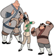 Yao about to punch Mulan with Ling and Chien Po watching