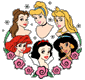 Ariel, Belle, Aurora, Snow White, Cinderella, Jasmine