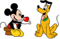 Mickey offering apple to Pluto