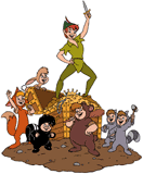 Peter Pan standing on a pile of gold inside a treasure chest with the Lost Boys