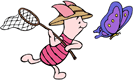 Piglet chasing a butterfly with a net
