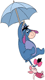 Piglet and Eeyore dangling from an umbrella in the air