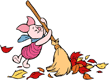 Piglet sweeping leaves