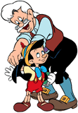 Gepetto helping Pinocchio dress up for school